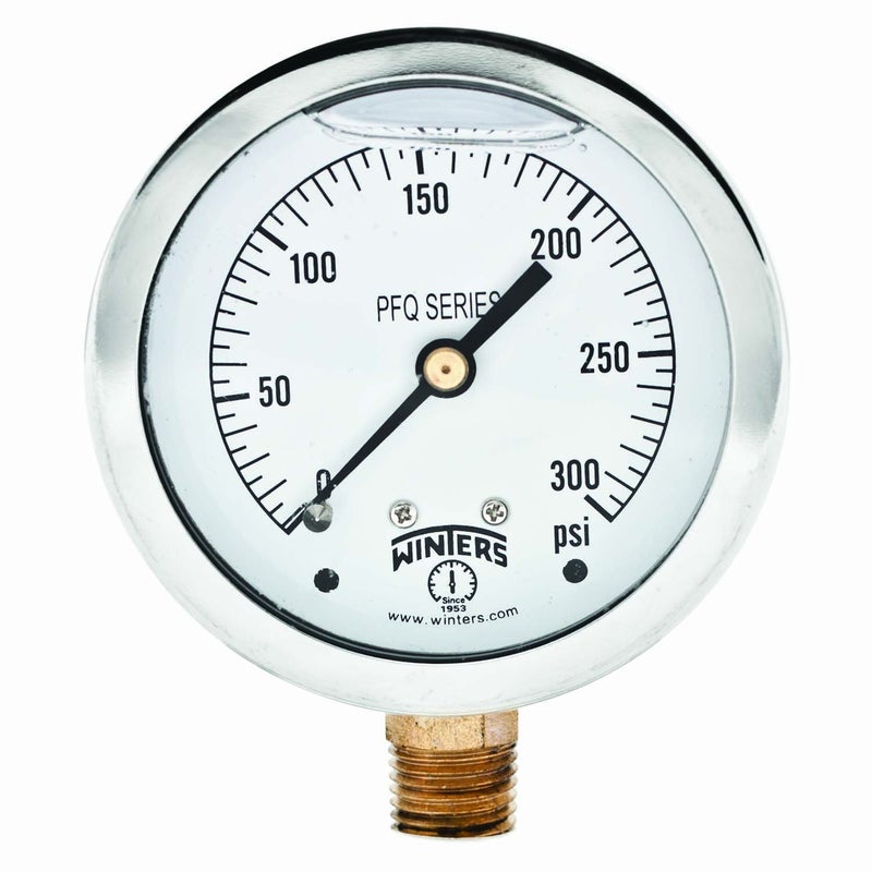Winters Instruments Winters 2-1/2" Dial Size, Liquid Filled Industrial Pressure Gauge, Brass Internals, 304 Stainless Steel Case, Single Scale 0-300 psi, 1.5% Acc, 1/4" NPT Bottom Mount, Glycerin Filled Pressure Gauge - Image 1